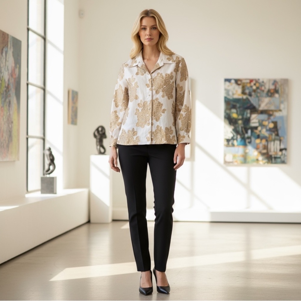 PORTS 1961 NEW Silk Brocade Floral Jacket Shirt Evening Gold White Neutral Top